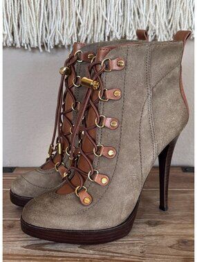 Tory Burch Y2K Halima Tan Suede Lace Up Platform High Heeled Ankle Boots Size 10